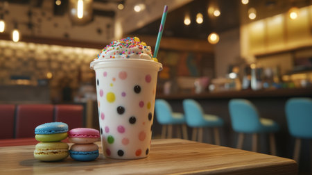 A vibrant milkshake topped with whipped cream and sprinkles, accompanied by colorful macarons, set in a stylish cafe environment, perfect for summer treats.の素材