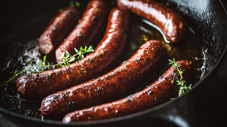 A close-up of juicy sausages sizzling in a skillet, infused with fresh thyme. Perfect for culinary inspirations or showcasing delicious meals.の素材