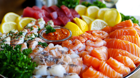 A vibrant seafood platter featuring fresh shrimp, salmon, and tuna, garnished with lemon slices and a tangy sauce, perfect for gatherings or special occasions.の素材