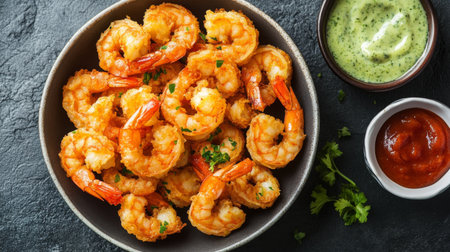 A bowl of crispy shrimp served with fresh herbs and two dipping sauces. This appetizing seafood dish is perfect for gatherings and special occasions.の素材