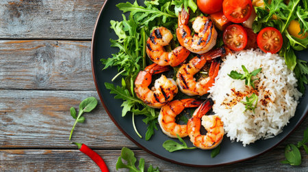 A vibrant dish featuring grilled shrimp on a bed of arugula, served with rice and fresh cherry tomatoes. Perfect for a healthy meal option.の素材