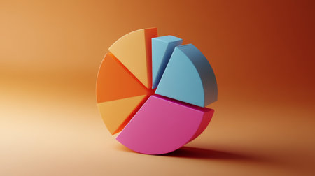 A vibrant 3D pie chart showcasing various segments in bright colors on a smooth gradient background, ideal for business and data visualization concepts.の素材
