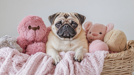 Adorable pug resting in a cozy basket surrounded by soft plush toys. This heartwarming scene captures comfort, warmth, and playful companionship.の素材