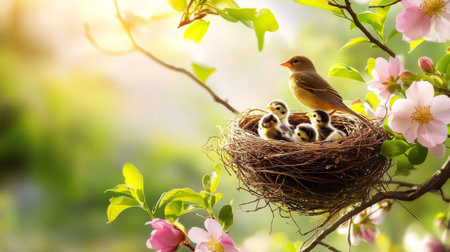 A heartwarming scene of a bird nest with chicks surrounded by blossoming flowers. This image captures the beauty of nature and the nurturing bond of wildlife.の素材