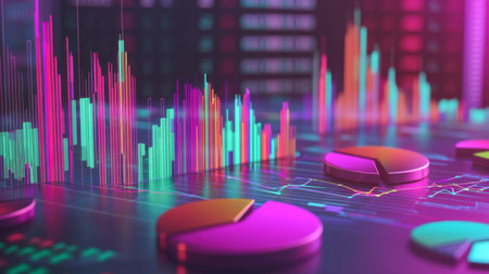 Vibrant and colorful data visualization featuring charts and graphs, ideal for illustrating business or financial analysis in a modern digital context.の素材
