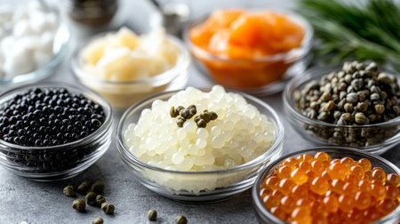 A stunning assortment of gourmet fish roe and caviar, displayed in clear bowls. Perfect for culinary presentations, appetizers, or fine dining experiences.の素材