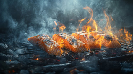 Juicy salmon fillets are grilled over an open flame, creating a smoky flavor. The vivid flames and smoke enhance the visual appeal of a perfect meal.の素材