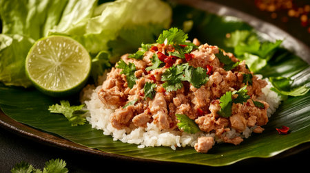 A vibrant plate of seasoned chicken served over rice, garnished with fresh herbs, lime, and lettuce, showcasing the essence of Thai cuisine.の素材