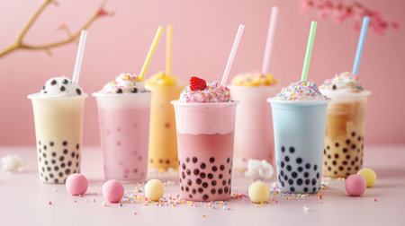 A vibrant assortment of bubble tea drinks featuring various flavors and colorful toppings. Perfect for celebrations or special occasions with a fun aesthetic.の素材