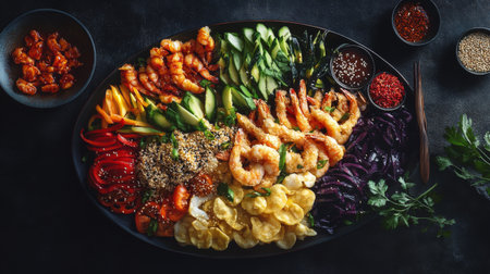 A vibrant platter showcasing shrimp, fresh vegetables, and crispy chips, perfect for sharing or as a colorful appetizer at gatherings or events.の素材