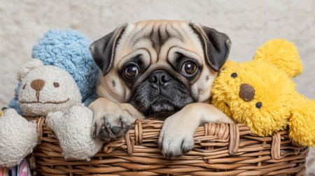 A charming pug dog peeks out from a basket surrounded by plush toys, radiating warmth and joy. This adorable portrait captures the essence of pet love and comfort.の素材