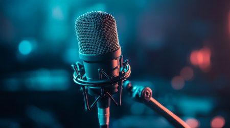 A close-up of a vintage microphone illuminated in soft blue light, creating an artistic glow. Perfect for capturing the essence of music and audio production.の素材