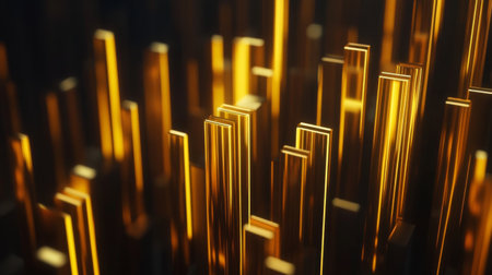 A stunning abstract scene featuring gold vertical bars, creating a captivating cityscape illusion. The shiny surface and dynamic patterns evoke a modern and luxurious feel.の素材
