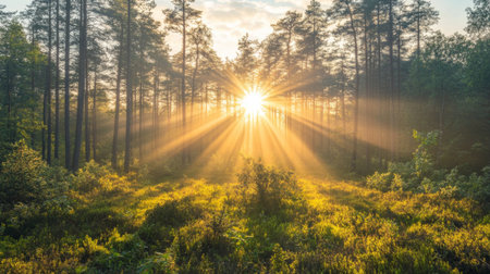 A serene sunrise illuminates a lush forest, casting beautiful rays of sunlight through the trees. The vibrant greenery enhances the tranquil atmosphere.の素材