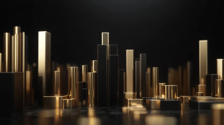 Intricate arrangement of golden geometric shapes creating an abstract landscape. Perfect for modern design projects highlighting luxury and elegance.の素材