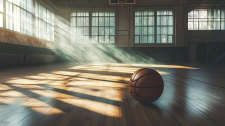 A serene gym scene featuring a basketball resting on a polished wooden floor, illuminated by soft sunlight filtering through large windows, casting dramatic shadows.の素材