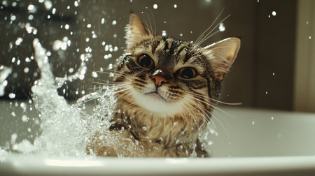 A playful cat enjoys splashing water in a sink, showcasing its curious expression and fluffy fur, capturing the joy of a fun indoor moment.の素材