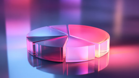 A vibrant and modern transparent pie chart design element featuring colorful sections in purple and pink. Ideal for data visualization and marketing projects.の素材