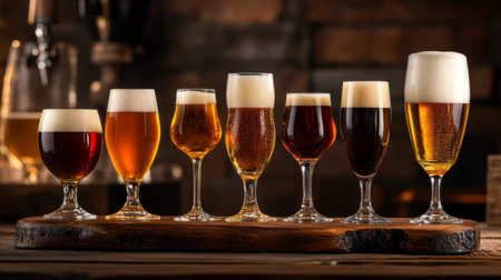 A collection of various beer types displayed in elegant glasses on a rustic wooden tray, showcasing a rich array of colors, foams, and textures.の素材