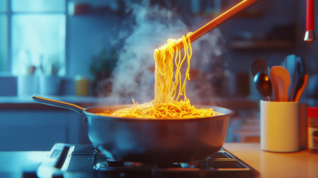 A close-up image of steaming noodles being stirred in a pan, showcasing the vibrant yellow color and culinary artistry in a cozy kitchen setting.の素材