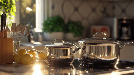 A modern kitchen featuring shiny cookware, pots, and fresh lemons on the countertop, bathed in beautiful sunlight, creating a warm and inviting ambiance.の素材