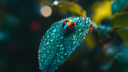A vivid close-up of a colorful insect resting on a leaf adorned with glistening water droplets, capturing the beauty of nature in vivid detail.の素材