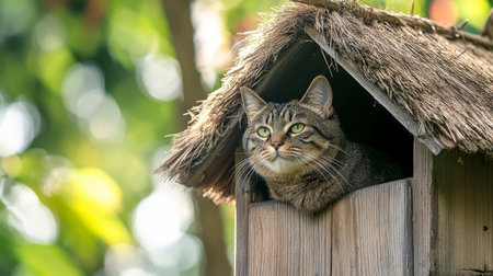 A charming cat peeks out from a rustic wooden house surrounded by lush greenery, capturing a moment of tranquility in a natural setting.の素材