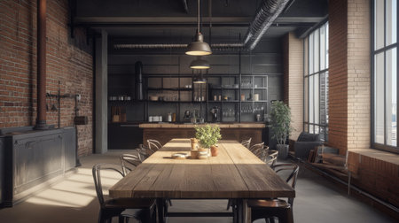 Spacious industrial office features a large wooden table surrounded by chairs. Bright, airy atmosphere with natural light from large windows and a cozy plant accent.の素材