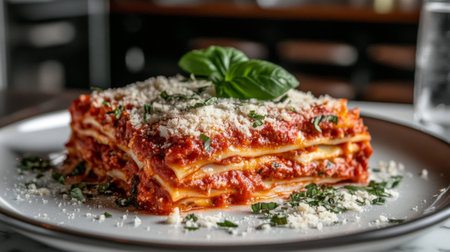 Indulge in a scrumptious lasagna layered with rich tomato sauce, melted cheese, and fresh basil, perfect for any Italian cuisine lover.の素材