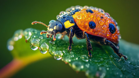 A vibrant ladybug rests on a green leaf adorned with glistening dew drops. This macro shot captures the intricate details and colors of nature's beauty.の素材