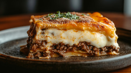 A mouthwatering slice of lasagna featuring layers of savory beef, creamy cheese, and rich sauce, perfect for a comforting meal or a gourmet dinner.の素材