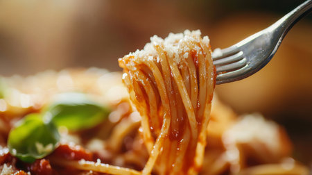 Closeup of a fork lifting spaghetti topped with sauce and cheese, complemented by fresh basil. A perfect representation of Italian cuisine and comfort food.の素材