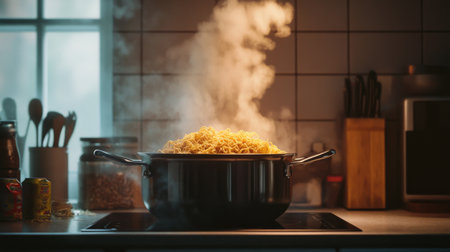 A pot filled with steaming noodles sits on a stove in a cozy kitchen, showcasing the essence of home cooking and the joy of preparing a delicious meal.の素材