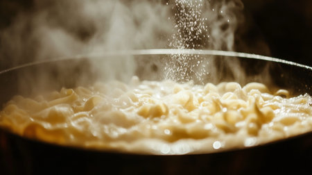 Steam rises from a pot of boiling pasta, capturing the essence of home cooking. This closeup showcases the texture and warmth of a comforting meal.の素材