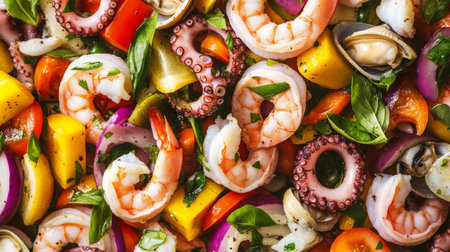 A vibrant medley of shrimp, octopus, and colorful vegetables, showcasing freshness and flavor. Perfect for a gourmet meal or healthy dining option.の素材