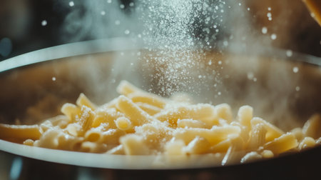 A close-up view of steaming pasta being sprinkled with salt in a cozy kitchen. This culinary moment captures the essence of flavor and warmth in cooking.の素材