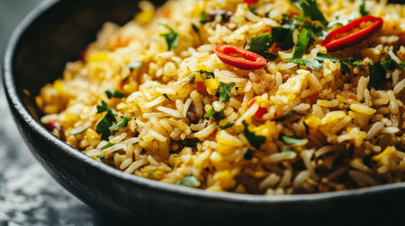 A close-up view of a vibrant bowl of spicy rice, garnished with fresh herbs and red peppers, showcasing a delicious and flavorful dish perfect for any meal.の素材