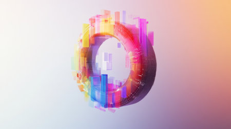 A vibrant abstract digital design featuring colorful geometric shapes and circular patterns. Ideal for technology and modern art concepts.の素材