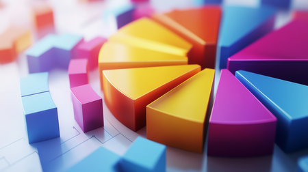 A vibrant 3D pie chart and bar graph showcase data visualization, highlighting trends and performance in a colorful and engaging manner. Perfect for presentations and reports.の素材