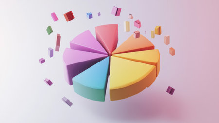 Vibrant 3D pie chart with colorful sections and blocks. Ideal for presentations, data analysis, and business graphics. Perfect for representing statistics visually.の素材