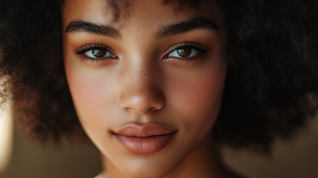 A close-up portrait of a young woman with curly hair, capturing her natural beauty and calm expression. The image highlights her youthful charm and delicate features.の素材