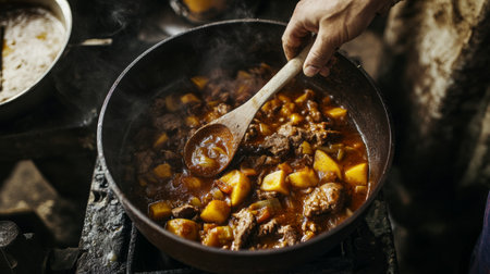 A rustic scene of a hand stirring a savory meat and vegetable stew in a pot. The rich aromas and vibrant ingredients create a warm, inviting atmosphere.の素材