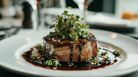 A beautifully presented grilled steak topped with fresh microgreens on a white plate, surrounded by rich sauce, showcasing gourmet dining excellence.の素材