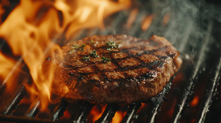 A mouth-watering grilled steak searing on a grill with flames and smoke, showcasing delicious grill marks and garnished with fresh herbs. Perfect for culinary inspiration.の素材