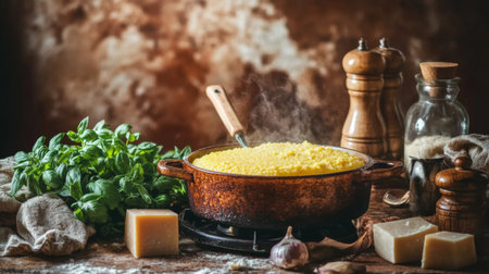 A cozy pot of creamy risotto sits steaming on a rustic table. Surrounded by fresh herbs, spices, and cheese, it invites culinary exploration and warmth.の素材