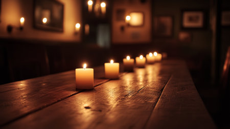 A serene scene featuring warm candlelight on a rustic wooden table, creating a cozy and inviting atmosphere perfect for relaxation or intimate gatherings.の素材