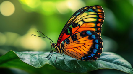 A vibrant butterfly rests gracefully on a green leaf, showcasing its colorful wings. This close-up captures the delicate beauty of nature in a serene outdoor setting.の素材