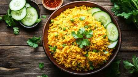 A vibrant plate of spicy rice garnished with fresh cucumber and cilantro, set on a rustic wooden table, perfect for a healthy meal presentation.の素材