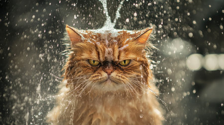 A fluffy cat with a surprised expression enjoys a refreshing shower, water droplets glistening in the light, capturing a playful and unique moment.の素材