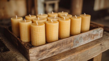 A beautiful arrangement of natural beeswax candles in a rustic wooden tray, creating a warm and inviting ambiance for any setting. Perfect for decoration.の素材